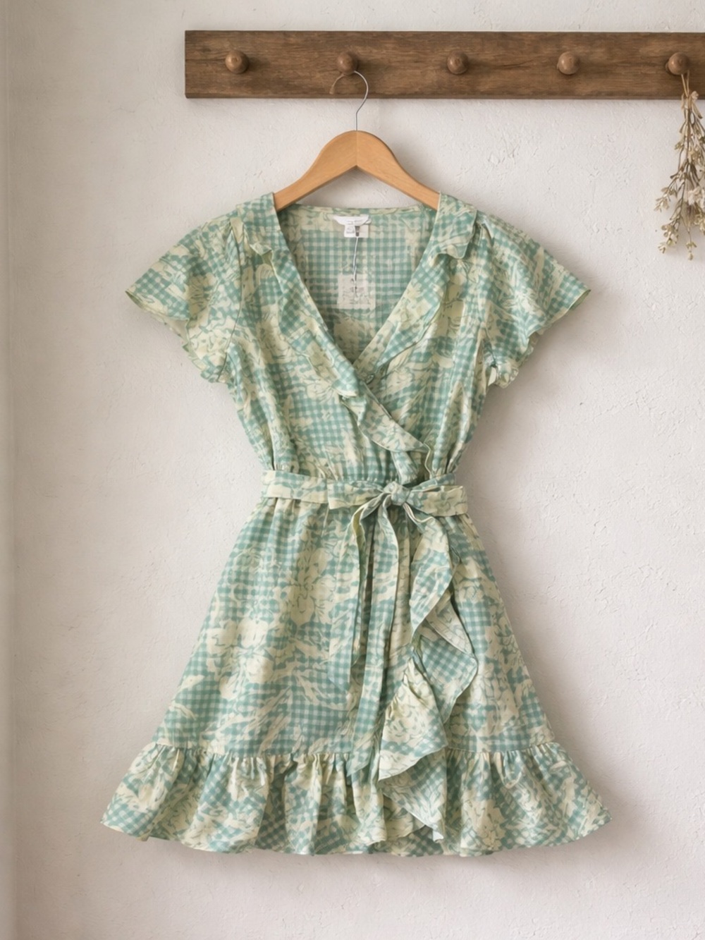 LC Lauren Conrad Mint & Cream Floral Gingham Wrap Mini Dress